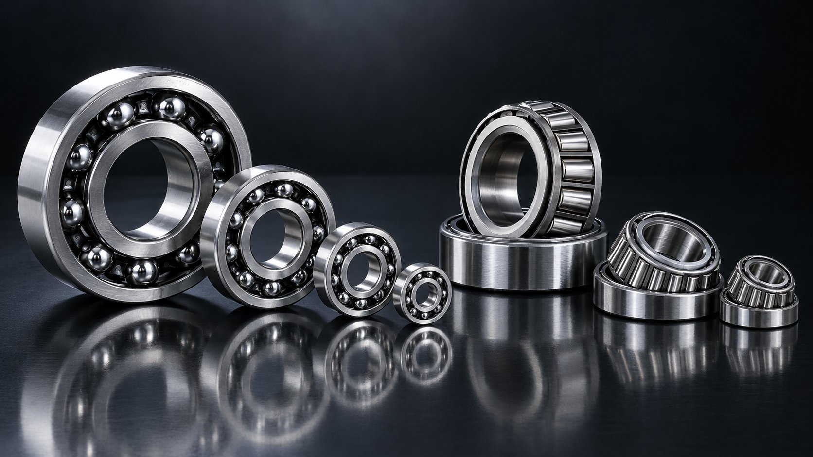 Precision steel ball bearings and tapered roller bearings in different sizes
